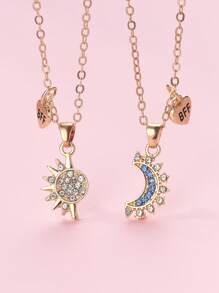 2pcs Zinc Alloy Bling Sun & Moon Design Necklace Set For Girls, With BFF Pendant, Suitable For Friendship Matching Everyday Wear