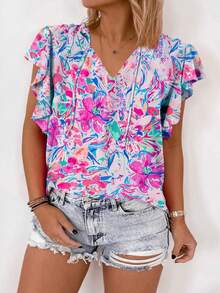 Women's Floral Print V-Neck Ruffle Trim Short Sleeve T-Shirt, Fashionable Pullover Top For Summer - Multicolor - View 1