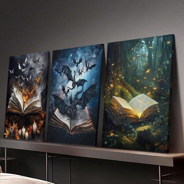 3 Pieces Canvas Print Decorative Painting, Universe, Flame, Home Decoration Painting, Abstract Book, Forest, Dragon, Interior Home Wall Decoration Art Optional Frame