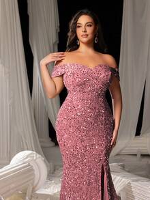 Faeriesty Curve Plus Elegant Sequin Off-Shoulder Mermaid Gown With High Slit - Shimmering Evening Wear For Red Carpet Events, Luxury Weddings, Glam Party Dresses & Formal Banquets - Bụi hồng - Xem 7