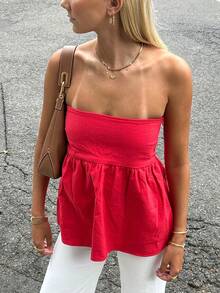 Women Summer Flowy Tube Top Y2k Solid Color Strapless Off The Shoulder Loose Fit Babydoll Bandeau Crop Tops Backless Sleeveless Going Out Tops Vests Shirts Casual Streetwear - Đỏ - Xem 2