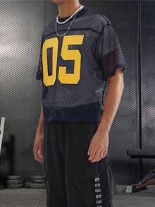 Men Mesh Shirt Loose Number Print See Through Short Sleeve Round Neck Sport T-Shirts Casual Streetwear - Màu xanh lam - Xem 4