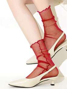 1 双/5 双女士金属线蕾丝边中筒袜，透明网眼透视荷叶边袜子，轻便春夏秋季