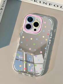 1pc Colorful Polka Dot "LUCKY" English Mirror Phone Case With Makeup Mirror, 1.5mm PC Hard Shell 2-In-1 Full Coverage Airbag Anti-Drop Contrast Color Lens Ring, Suitable For IPhone 16 Pro Max/15 Plus/14/13/12/11/16E/IPhone 17/17 Pro/17 Air/17 Pro Max