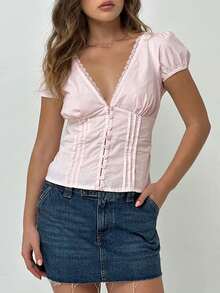 Women's Sexy Deep V Neck Button Down Shirts Blouse Slim Fit Lace Turn Tops Summer Office Shirt - Pink - View 2