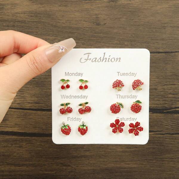 1-6 Pairs Fashionable Cherry Oil Drip Rhinestone-Studded Fruit Series Stud Earrings Set
