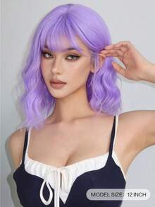 Peluca morada ondulada de 12 pulgadas con flequillo, pelucas cortas moradas de mujer, peluca sintética rizada y ondulada tipo bob para uso diario, festivales de música y moda colorida - Morado - Ver 6