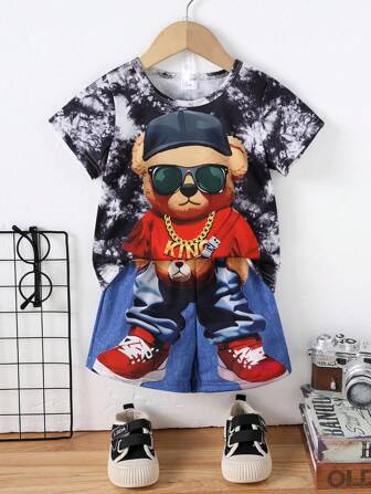 2pcs/Set Young Boys Cartoon Bear Patchwork Crew Neck Short Sleeve Top And Comfortable Digital Print Casual Shorts, Summer