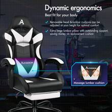 ALFORDSON Gaming Massage Chair, Massage Racing Chair With LED, Ergonomic Desk Chair With 150° Tilt, Retractable Footrest, PU Leather, Height Adjustable, 180 Kg Load Capacity - 白色 - 查看 2