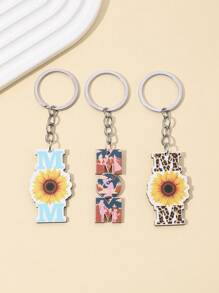 Mother's Day DIY Handmade New Key Chain, 1 Piece MOM Sunflower Leopard Print Heart Wooden Tag Key Chain Pendant, Creative Gift, English Letter Wooden Keychain, Holiday Gift, Handmade DIY, Suitable For Daily Use, Mother's Day Gift For Mom Car Accessories Bag Charm