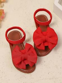 1 par de sandalias planas rojas para niñas con lazo de malla, parte trasera elástica, punta redonda, antideslizante, sandalias de estilo romano a la moda y lindas, adecuadas para niñas de 3 a 15 años, para fiesta, vacaciones, uso casual, nueva llegada 2025 - Rojo - Ver 2
