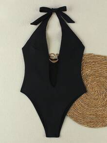 New Arrival Spring/Summer Sexy & Elegant Black Solid Color Beach Vacation Party Date One-Piece Swimsuit For Women - Black - View 3