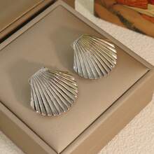 1 Pair Stainless Steel Textured Shell Large Stud Earrings, Unique 18K Gold Color Geometric Metal Waterproof Luxury Jewelry