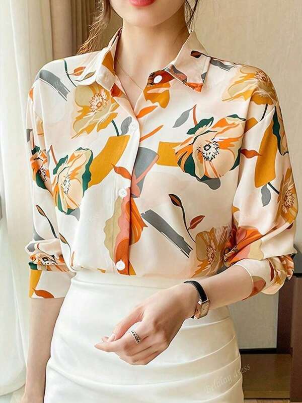 Women's Floral Digital Print Collared Lightweight Vintage Style Long Sleeve Shirt, Suitable For Casual Daily, Commute, Outdoor And Holiday Wear, Spring & Autumn
