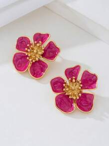 1 Pair Handpainted Enamel Gold Flower Metal Earrings, Suitable As Daily, Birthday, Mother's Day, Girlfriend Or Daughter Gift
