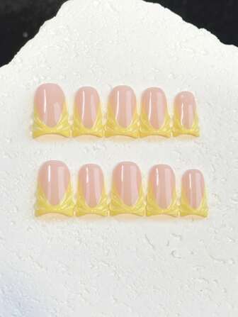 Premium Quality Handmade 10PCS Duckbill Yellow French Press-On Nails With 3D Clear Resin Drip Art, Summer Nail Art Set For Daily Wear & Vibrant Party Occasions