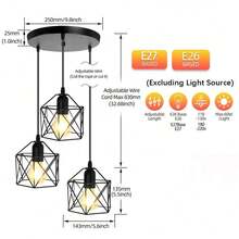 CANMEIJIA Vintage Style 3-Head Diamond Pendant Lamp, Black Color, E26/E27 Bulb Long Bar/Round Disk Hanging Light, Adjustable Length, Suitable For Home, Room, Exhibition, Reading, Dining, Bar, Bedroom, Coffee Shop, Kitchen Island - Black - View 13