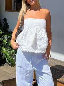 Women Summer Flowy Tube Top Y2k Solid Color Strapless Off The Shoulder Loose Fit Babydoll Bandeau Crop Tops Backless Sleeveless Going Out Tops Vests Shirts Casual Streetwear - 白色 - 查看 10