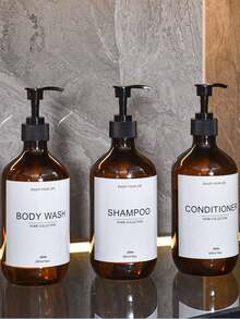 3 piezas de botellas recargables de 500ml/16.9oz de ámbar para champú y acondicionador con bomba, etiqueta impermeable, para el hogar, hotel, baño, decoración de otoño, vuelta al colegio - Marrón - Ver 12