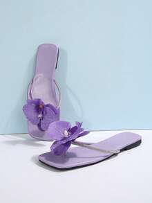 法式花朵平底凉鞋，女士夏季户外休闲拖鞋，新款时尚沙滩派对装 - 紫色 - 查看 7