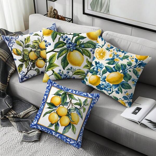 4pcs Lemon Fruit Pillow Cover Set, Single-Sided Peach Skin Velvet Material, 45*45cm/50*50cm Cushion Covers Suitable For Indoor Sofa Decor, Party Decoration, Decorative Pillow Gift