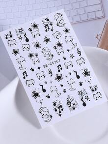 2 件装可爱猫咪音乐音符星星 3D 指甲贴纸黑色卡通可爱图案动物指甲贴花 DIY 自粘滑块指甲用品女士女孩美甲装饰