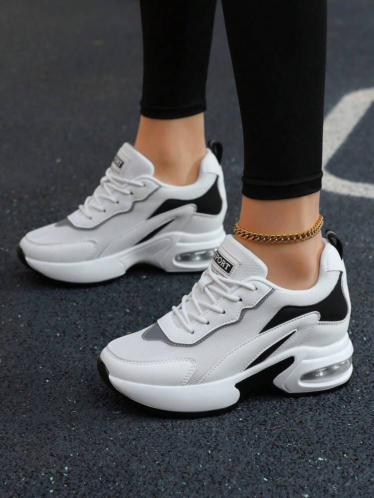 Women's Comfortable Hidden Wedge Round Toe Lace-Up Casual Sports Shoes, Lightweight Breathable Low-Top Everyday Versatile Sneakers With Cushioned Sole - White and Black - View 3