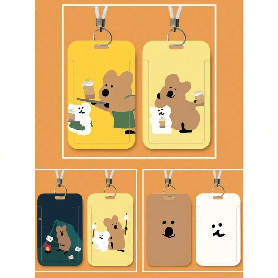 Conjunto de tarjetas lindas con oso de pimienta caqui, tarjeta de arroz, tarjeta de autobús, protector de documentos de identidad, control de acceso al campus con cuerda colgante y personalización de llave - Tarjetero con correa de cuero - Ver 1
