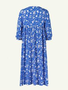 Eilly Bazar 大码中长袖全印花百褶连衣裙，休闲度假