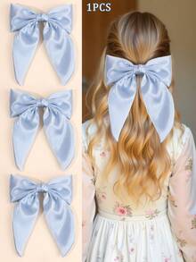 1pc Girls Blue Big Bow Hair Clips With Tail, Fashion Large Solid Color Hair Bows, Girls Elegant Satin Hairpins For Daily, Hair Accessories - Blue - View 1