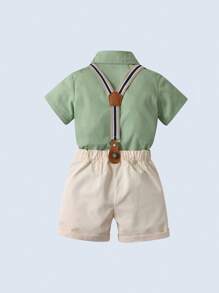 2pcs Set Baby Boy Gentleman Style Short Sleeve Collar Shirt With Bowtie & Khaki Suspender Shorts, Suitable For Birthday Parties, Weddings, Performances And Banquets