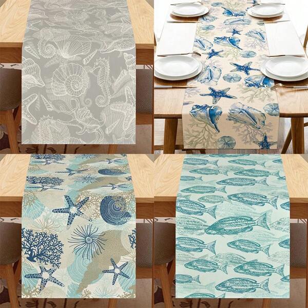Ocean Theme Table Runner - Washable Reusable Polyester With Seashell & Fish Design, Coastal Summer Kitchen Decor, Easy-Clean Dining Table Cover 13" Wide (36/48/72/90/108 Inch Lengths)