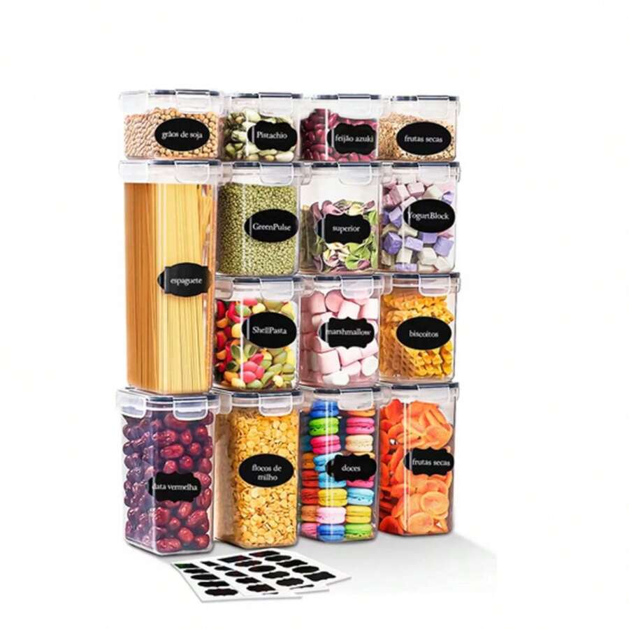 Kit 15 Airtight Food Jars Square Kitchen Storage Containers With Locking Lid Luvinco Organization - 無色 - 查看 1