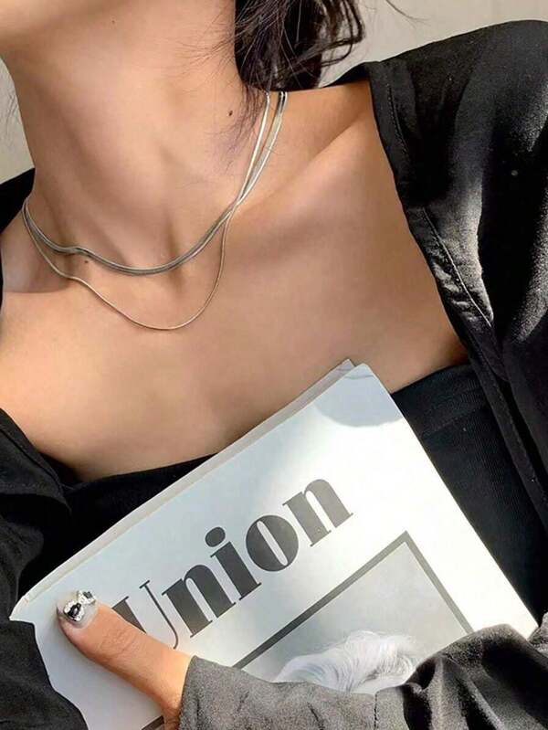 2pcs Minimalist Luxury Snake Bone Necklace For Women, Double Layer Delicate Clavicle Chain, Exquisite Unique Design, INS Style Necklace Set