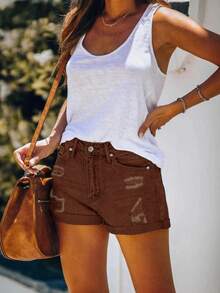 Vacation Casual Distressed Elastic Roll-Up Hem Denim Shorts - Brown - View 7