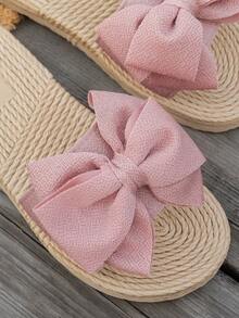 Sandales plates avec bride et décoration nœud, coloris unicolore, bout rond. Convient pour le trajet domicile-travail. Pantoufles d'intérieur casual en tissu noir, légères et confortables, pour l'été - Rose bonbon - Voir 7