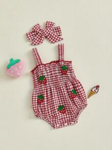 Baby Girl Strawberry Outfit Plaid Smocked Sleeveless Overall Romper Te-Up Headband Cute Summer Clothes 2Pcs Set