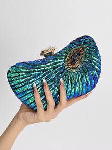 Geantă de seară brodată cu paiete și păun în stil chinezesc, cu lanț de curea de umăr, geantă pătrată mică pentru femei Cheongsam