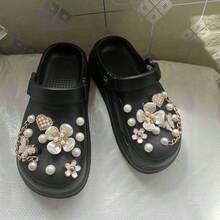 New Thick Sole Slip-On Sandals For Women, Comfortable Closed Toe Slide Sandals With Back Strap, Black, Comes With One Set Of Shoe Decorations - Pure Black - View 4