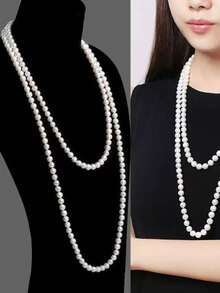 1pc Classic French Elegant Cheongsam Dress Accessory, Vintage Pearl Necklace Double Layer Long Sweater Chain For Women - White - View 8