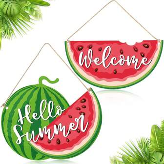 Two And One Watermelon Labels, Large Wooden Watermelon Decorations, "Welcome" And "Hello", Summer Door Hanging Decorations, Summer Front Door Garlands, Home Wall Decorations And Hanging Ropes