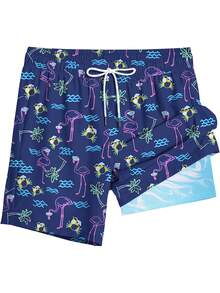 双层压缩火烈鸟印花泳裤，休闲度假，运动户外，运动休闲，涤纶，抽绳腰短裤，春夏海滩，夏威夷风 - 彩色 - 查看 2