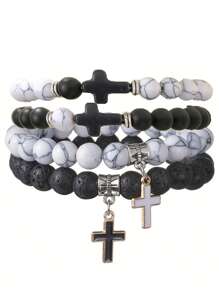 2pcs/4pcs/6pcs Classic Men's Beaded Cross Pendant Bracelet Set, Casual Daily Wear, Gift For Boyfriend, Husband, Father, Son