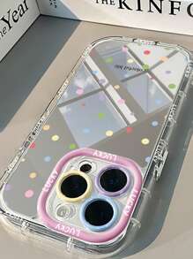 1pc Colorful Polka Dot "LUCKY" English Mirror Phone Case With Makeup Mirror, 1.5mm PC Hard Shell 2-In-1 Full Coverage Airbag Anti-Drop Contrast Color Lens Ring, Suitable For IPhone 16 Pro Max/15 Plus/14/13/12/11/16E/IPhone 17/17 Pro/17 Air/17 Pro Max