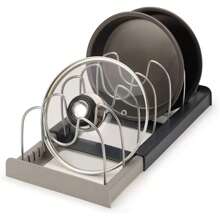 1 Retractable PP+Stainless Steel Pot Lid Holder, Free Up Kitchen Space, Equipped With 7/10 Dividers, Multifunctional Kitchen Storage Tool, Convenient For Storing Pots And Tableware, Suitable For Pot Lids And Plates, Waterproof Stainless Steel Drain Rack, Kitchen Countertops, Cabinets And Shelves, Kitchen Accessories, Restaurant Use