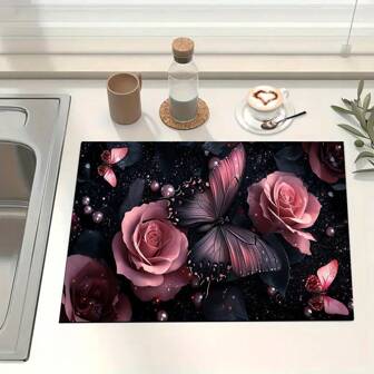 1 st Blommönster Dräneringsmatta/Absorberande matta/torkmatta för kaffebryggare, porslin - skyddsmatta för bordsskiva i polyester, för inredning av köksbänk, bordsunderlägg för hembar och matbord