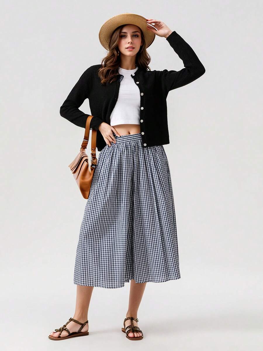 Womens Casual Loose  Plaid Capri Culottes Elastic Waistband Wide Leg Side Pocket Trousers For Daily Streetwear - Blue - View 1