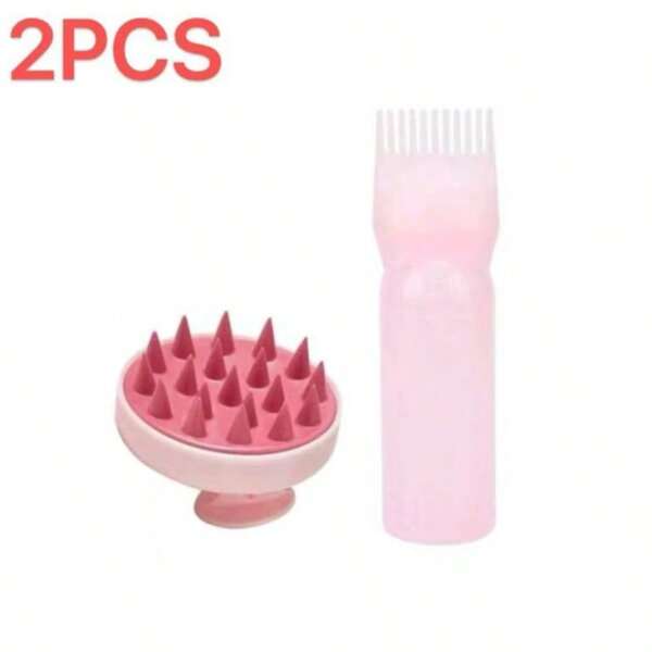 2Pcs/Set Root Comb Applicator Bottle With Scalp Massager Shampoo Brush Hair Coloring Dye And Scalp Treatment Tools(Pink)