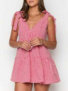 Women Y2K Tie Shoulder Mini Dress Bow Ruffle Flowy Babydoll Dress Floral Boho Sundress Summer Going Out Dress - Đỏ - Xem 1