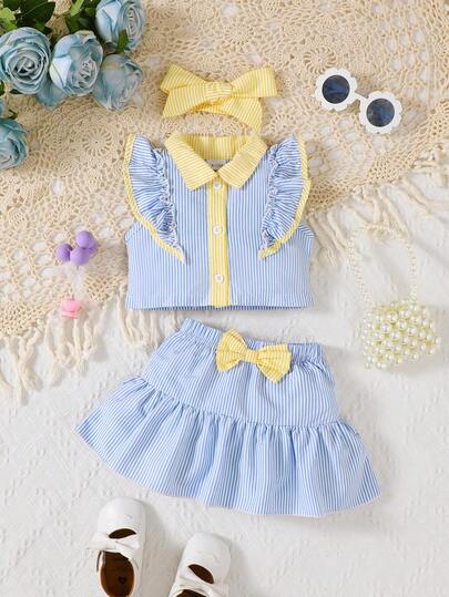 2 件套女婴休闲拼接盖袖条纹衬衫 + 蝴蝶结装饰裙套装（含头带）
